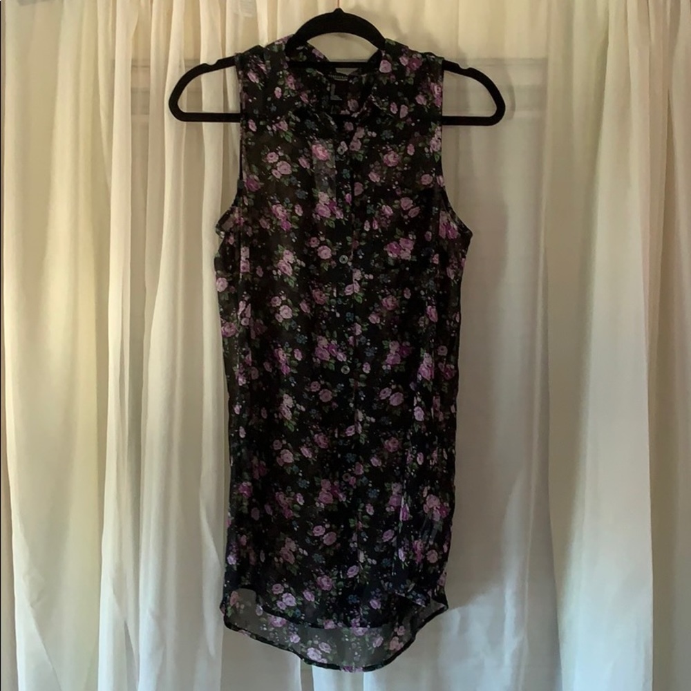 Sheer black floral collared sleeveless top